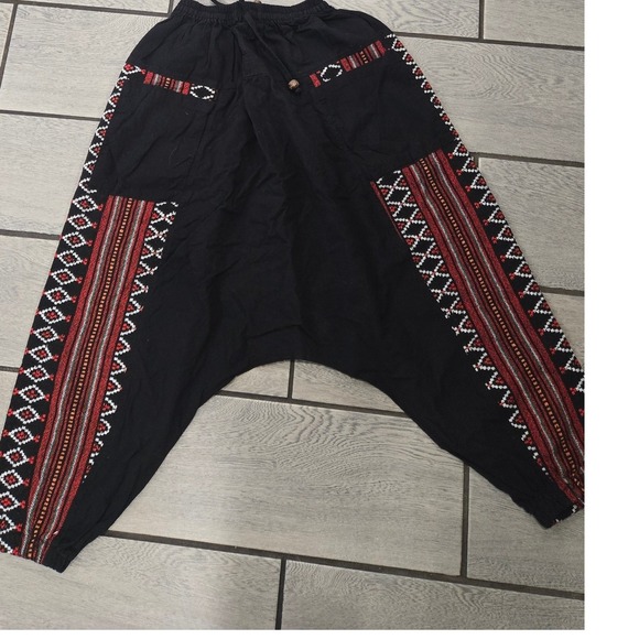 Unbranded Other - Boho Tribal Embroidered Drop Crotch Harem Pants Black Red Geometric Yoga Joggers